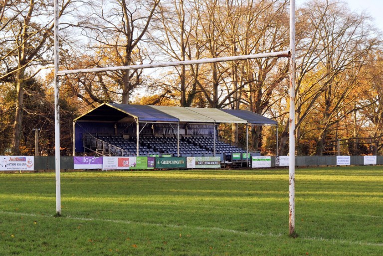 Looking at Bracknell Rugby Clubs main stand.